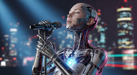 Detailed futuristic female android or cyborg singer with exposed mechanics holding a microphone and performing on stage with a blurred city lights background