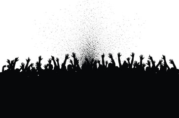 Silhouette crowd with raised hands, confetti particles, celebration scene, unity, black figures, white background, festive energy, abstract rally illustration