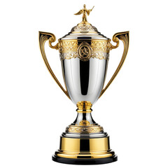 Ornate trophy silver body, gold trim, detailed design. Finial on the lid