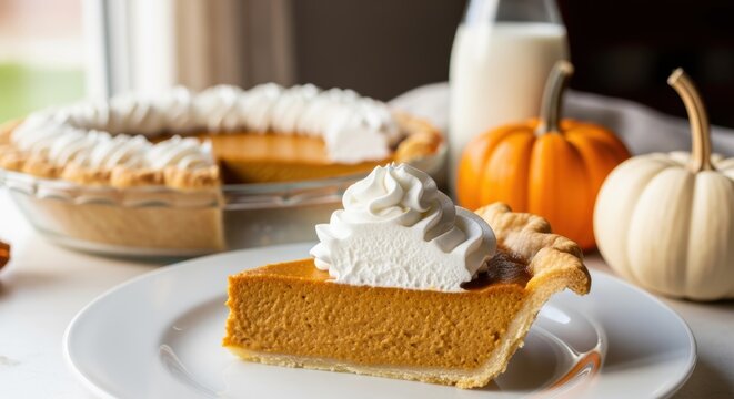 A delicious slice of homemade pumpkin pie with whipped cream on a white plate, surrounded by a whole pumpkin pie and miniature pumpkins on a windowsill background.