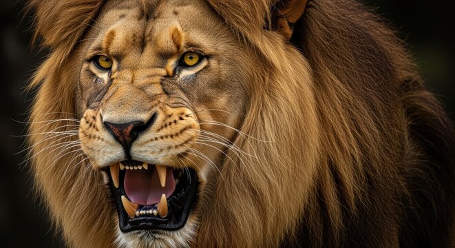 A powerful male lion, its fierce golden eyes and bared teeth convey strength and dominance in its natural habitat.