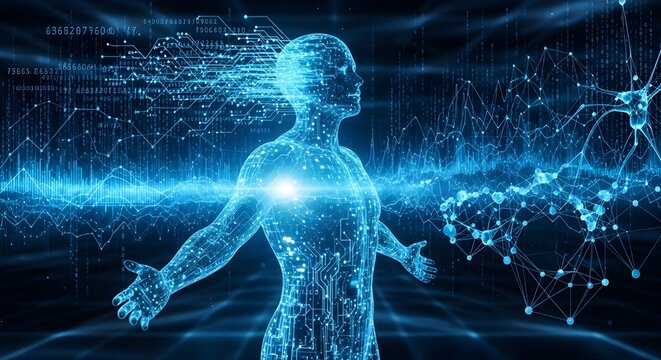 Futuristic illustration of a digital human figure composed of light and data sequences, standing with open arms amidst streams of information, neural networks and abstract data patterns. - Powered by Adobe