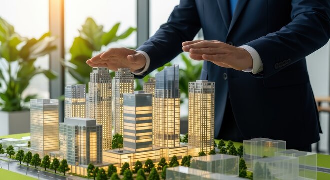 A real estate developer presents a scale model of a modern city skyline with tall buildings, parks, and greenery in an office setting overlooking the cityscape.
