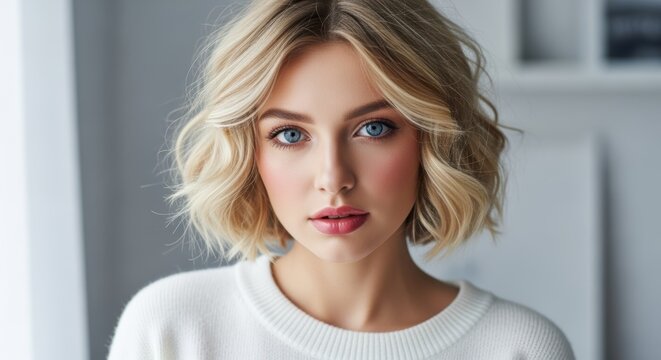 A portrait of a young woman with blonde, wavy hair styled in a short, chic haircut. She has piercing blue eyes and a neutral expression, wearing a white sweater against a blurred background.