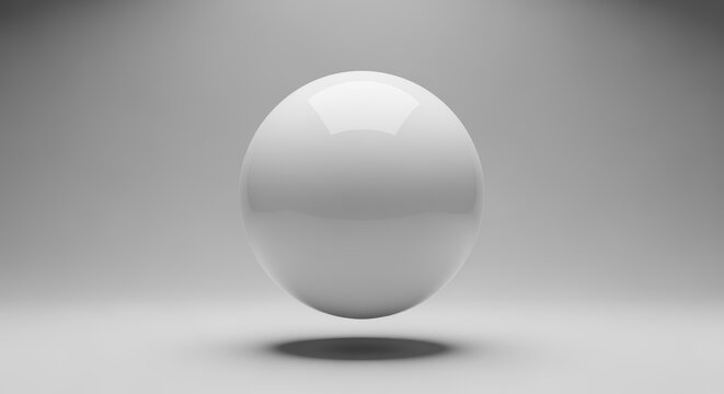 A simple, minimalist white sphere hovers in mid-air against a neutral gray background, creating a clean and modern visual.