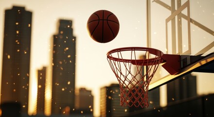 A basketball hoop and ball silhouetted against a city skyline at sunset. The warm evening light creates a serene and atmospheric scene, highlighting the dynamics of the game.