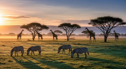 A stunning African savanna at sunset, with a herd of grazing zebras and giraffes silhouetted against the warm, golden sky. Acacia trees frame the classic safari scene.
