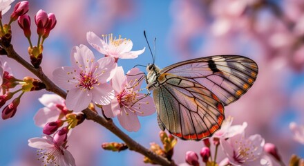 A beautiful butterfly perched on delicate pink cherry blossoms, with a soft, blurred background of more blooms. The butterfly's intricate wings are highlighted against the vibrant springtime scene.