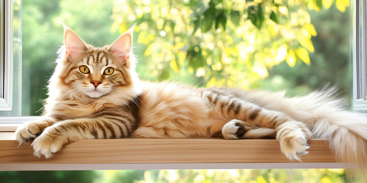 Majestic Maine Coon Cat Lying On A Windowsill In The Sun - Powered by Adobe