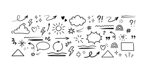 Fun Doodle Symbols Pack. Clouds, Arrows, Weather Icons, Scribbles, Decorative Shapes