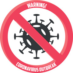 Red prohibition sign with virus symbol inside warning of coronavirus outbreak danger with transparent background