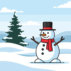 A charming cartoon snowman, adorned with a black top hat and a vibrant red scarf, stands cheerfully amidst a serene, snow-covered winter landscape with evergreen trees.