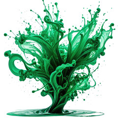 Swirling vivid green liquid explosion with splashes, isolated on black