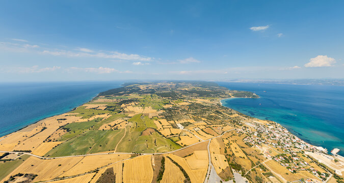 Seddulbahir, Turkey. Aerial view of Cape Helles and Teke Cape with WWI landing beaches S, V, W, X, Y and memorials at Gallipoli Peninsula entrance to Dardanelles. Aerial view