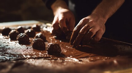 artisanal chocolate production, flowing melted chocolate, hands shaping truffles on clean surface, soft golden light, cinematic close