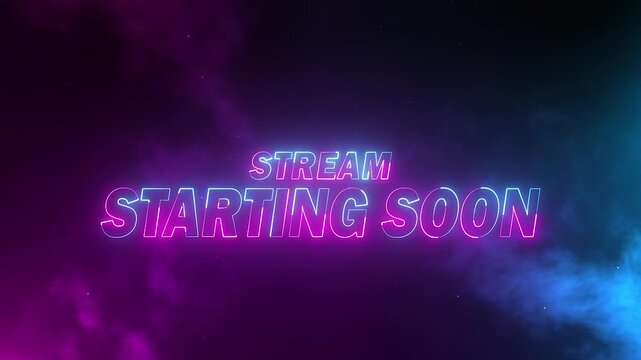 neon stream starting soon text in blue and pink colours with smoke and particles on black background	