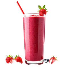 Tall glass filled with a pink berry smoothie with raspberries