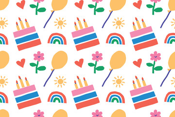 Vector illustration pattern with naive doodle birthday elements. Flat cartoon cake, balloon, flower, rainbow, sun, playful kids party symbols, cheerful celebration theme for festive decoration