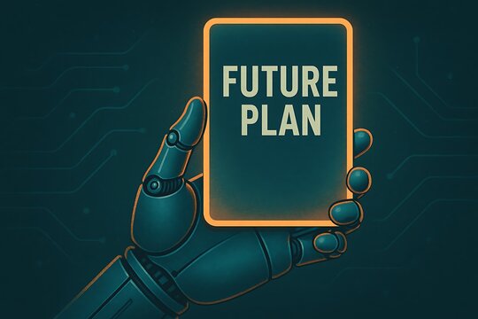 Robotic hand holding a glowing tablet displaying "future plan" on circuit board background