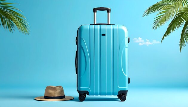 Travel essentials - Blue suitcase, hat, and tropical backdrop for vacation.