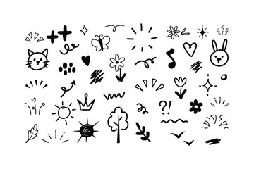 Cute Character and Nature Doodle Pack. Animals, Plants, Stars, Musical Notes, More