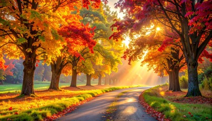 Naklejka premium Scenic Country Road Through a Colorful Autumn Forest at Sunrise