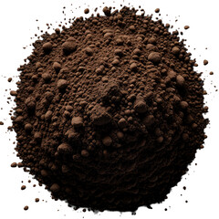 Mound of dark brown, textured, fine particulate matter on dark backdrop