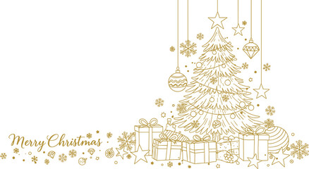 Golden Merry Christmas tree with gift boxes, hanging ornaments, stars, snowflakes, festive winter background, elegant holiday celebration design illustration