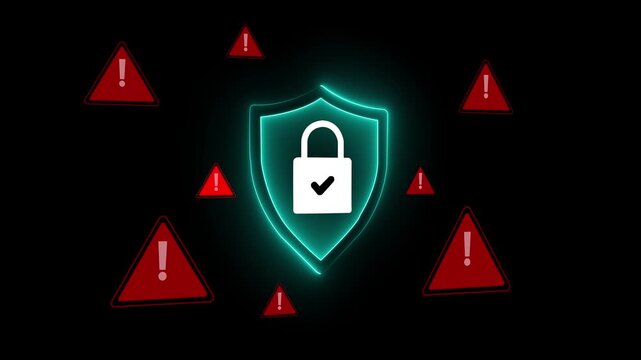 Cybersecurity alert concept with glowing shield and padlock surrounded by red warning triangles on black background