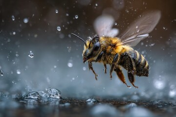 wet honey bee flying through water