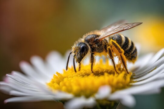 striped bee pollinating yellow daisy flower - Powered by Adobe