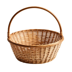 Woven basket with handle, light brown color, isolated cutout image