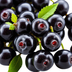 Pile of fresh black berries, with leaves, stems and a deep red centre