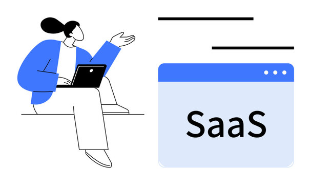 Woman using laptop while presenting SaaS platform concept, highlighting digital solutions and service efficiency. Ideal for startup, cloud service, tech innovation, business, strategy, presentation