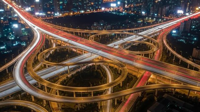Aerial View Of A Busy Multi Level Highway Interchange At Night With Streaking Car Lights Creating A Network Of Transportation