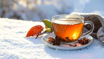 Steaming Hot Tea in Snow with Spices on a Winter Day