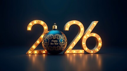 Glowing 2026 numbers illuminated with festive lights and a decorative ornament