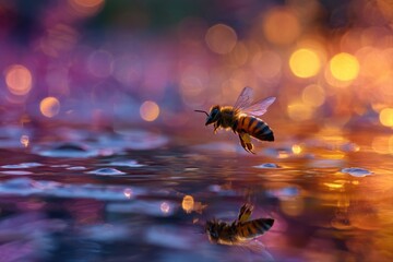 bee flying golden light water reflection