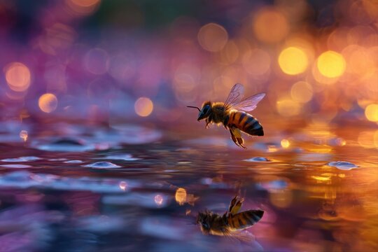 bee flying golden light water reflection - Powered by Adobe