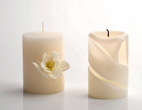 Two cream-colored pillar candles; one adorned, one lit, on white