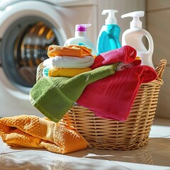 A laundry basket filled with a variety of colorful bright clothes stands in the bathroom against the background of a washing machine.