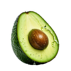 Half avocado with pit, dark skin. Water droplets on the exterior