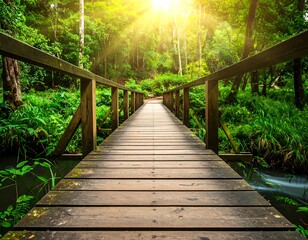 Fototapeta premium A sunlit wooden bridge spans a stream, leading into a vibrant forest