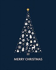 Festive christmas tree silhouette filled with small holiday icons and merry christmas text