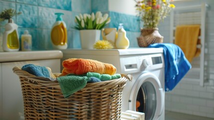 A laundry basket filled with a variety of colorful bright clothes stands in the bathroom against the background of a washing machine.