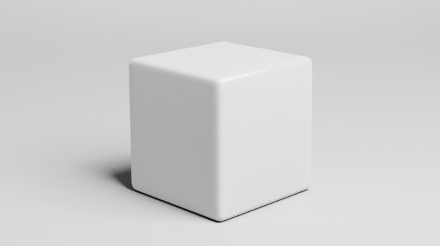A white cube with a smooth surface and rounded corners sits on a gray background.