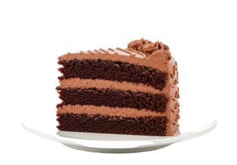 Chocolate layer cake slice, sponge, buttercream, frosting, wavy patterns, piped swirls, on white plate, transparent background, dessert concept.