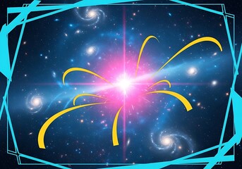 Stellar flare amidst nebulous galaxies framed with cyan geometric shapes