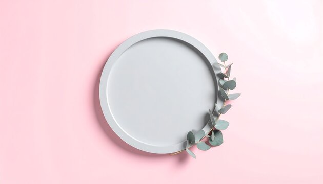 Minimalist round frame with eucalyptus leaves on pink background.