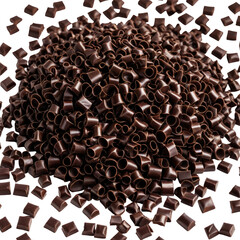 Pile of small, ring-shaped, dark brown chocolate pieces scattered around